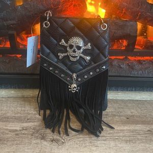 Skull Concho Fringe Quilted Mini Crossbody Bag